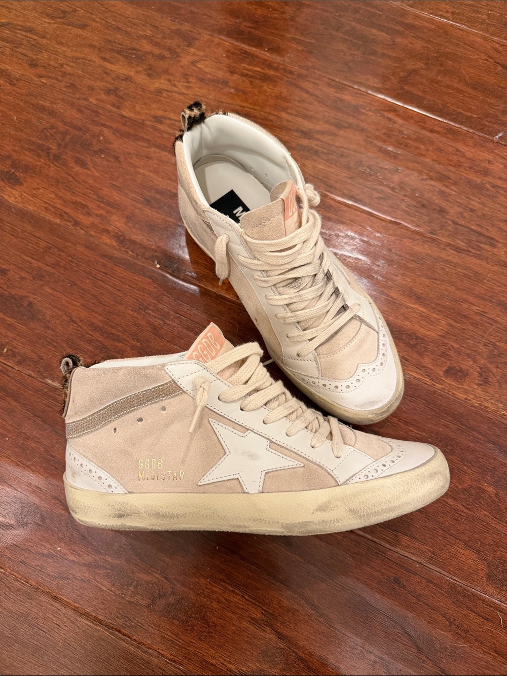 Golden Goose Beige and White mid top Star Sneakers